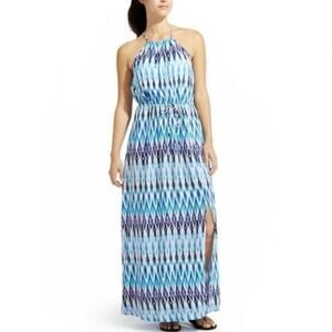 Athleta Blue and White Sunset Ikat Halter Maxi Dress